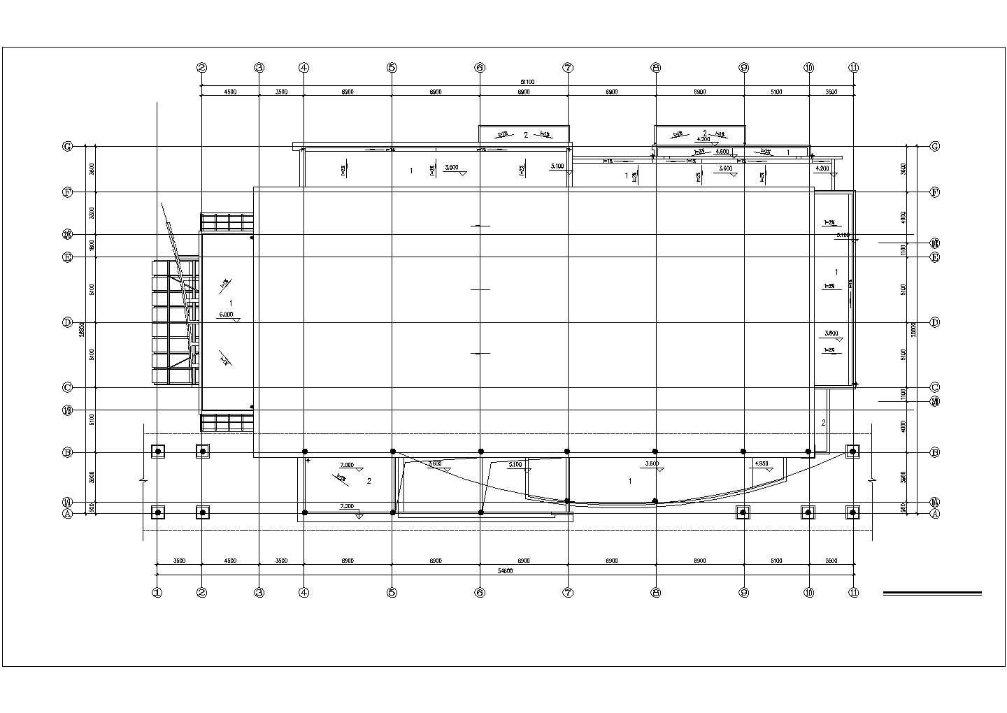 某高校2800平米2层框架结构学术礼堂平立剖面设计CAD图纸