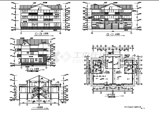 三套三层双拼别墅住宅楼建筑设计施工cad图纸（含说明）-图二