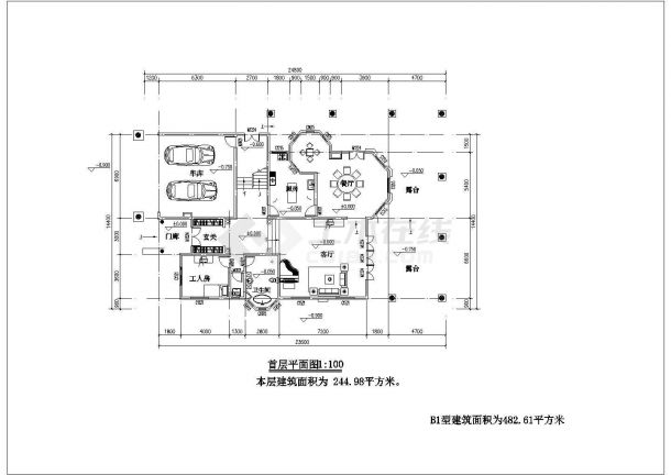 482平米2层砖混结构单体乡村别墅平立面设计CAD图纸-图一