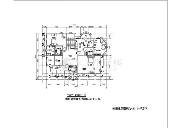 482平米2层砖混结构单体乡村别墅平立面设计CAD图纸-图二