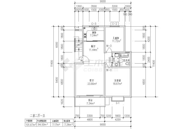 板式多层单户二室二厅一卫户型设计CAD图纸-图一