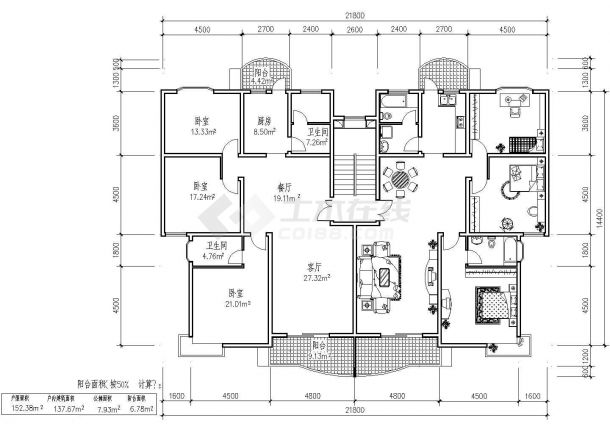 板式多层一梯两户三室一厅二卫户型施工图纸-图一