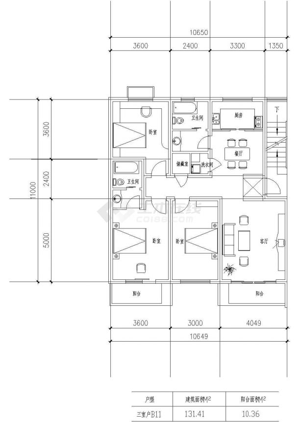 板式高层三室一厅单户户型施工CAD图纸-图一