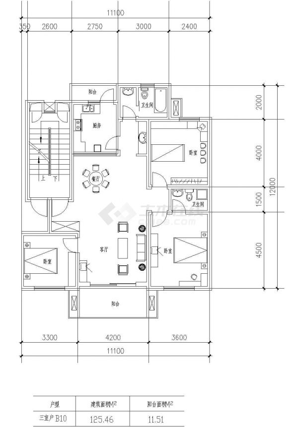 板式高层三室一厅单户户型施工图纸-图一