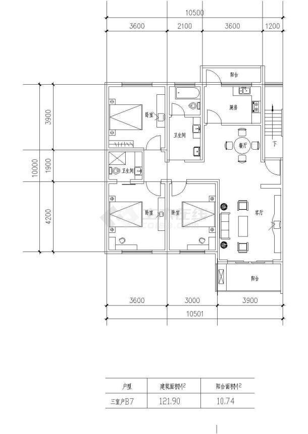 板式高层三室一厅单户型施工图纸-图一