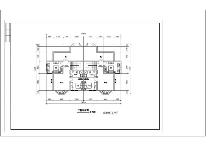 三层双拼别墅cad设计图（长19.8m宽14.4m）_图1