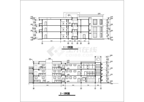 成都市某幼儿园2000平米3层框架结构教学楼平立剖面设计CAD图纸-图一
