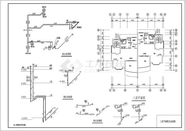 长16.8米 宽13米 -1+3层双拼别墅水施【各层平面 给排及雨水系统图 施工说明 图例 材料表 卫生间大样 剖面排水示意】-图一