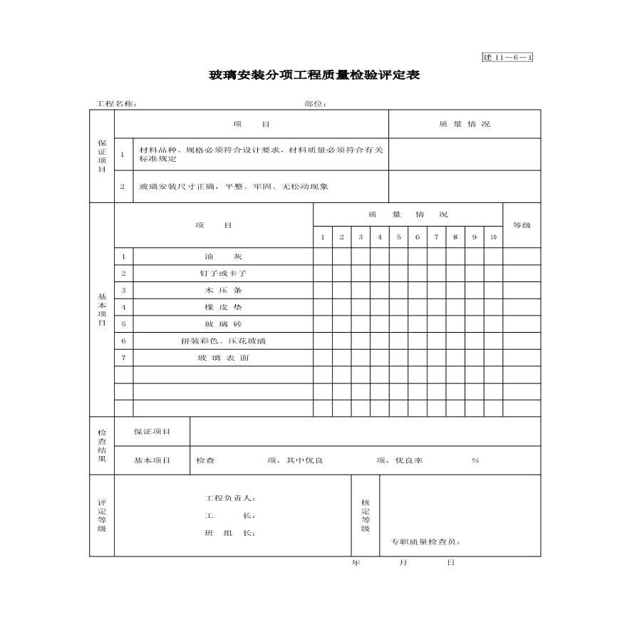 玻璃安装分项工程质量检验评定表-图一