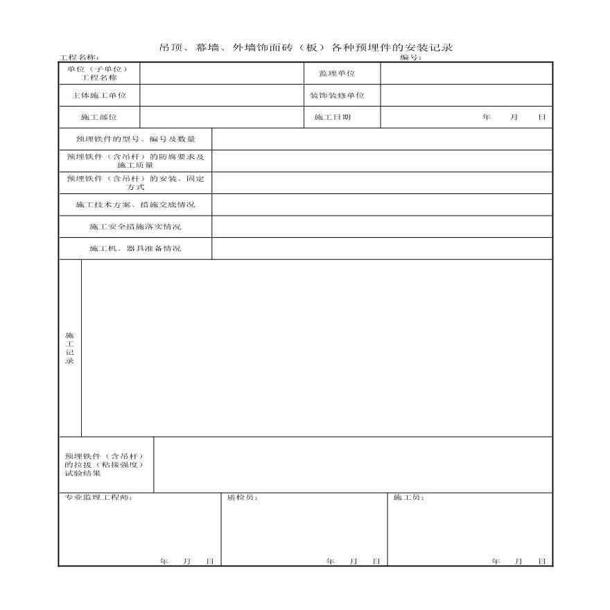 吊顶、幕墙 、外墙饰面砖（板）各种预埋件的安装记录-图一