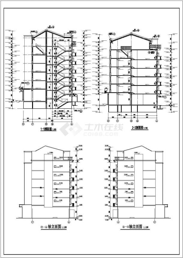 某中型7层框架结构商住楼平立剖面设计CAD图纸（底层商用）-图一