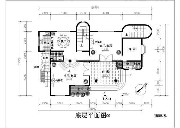 某4+1层砖混结构住宅楼建筑布置设计CAD图纸（1层1户）-图一