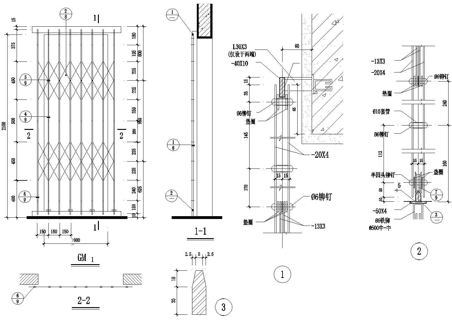 GM1铁栅门（四片）及节点祥图CAD施工图设计