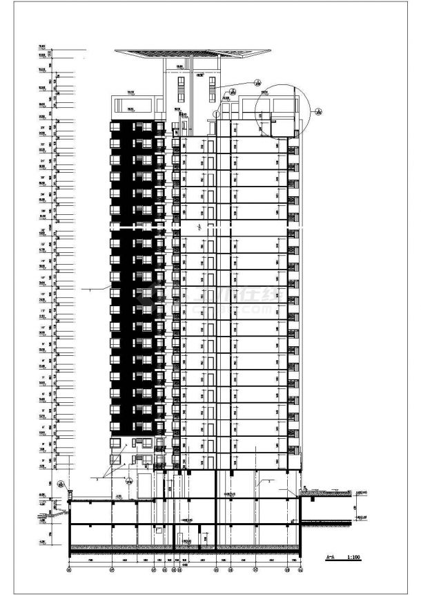 上海市嘉定区某小区33+2层剪力墙结构住宅楼立剖面设计CAD图纸-图一