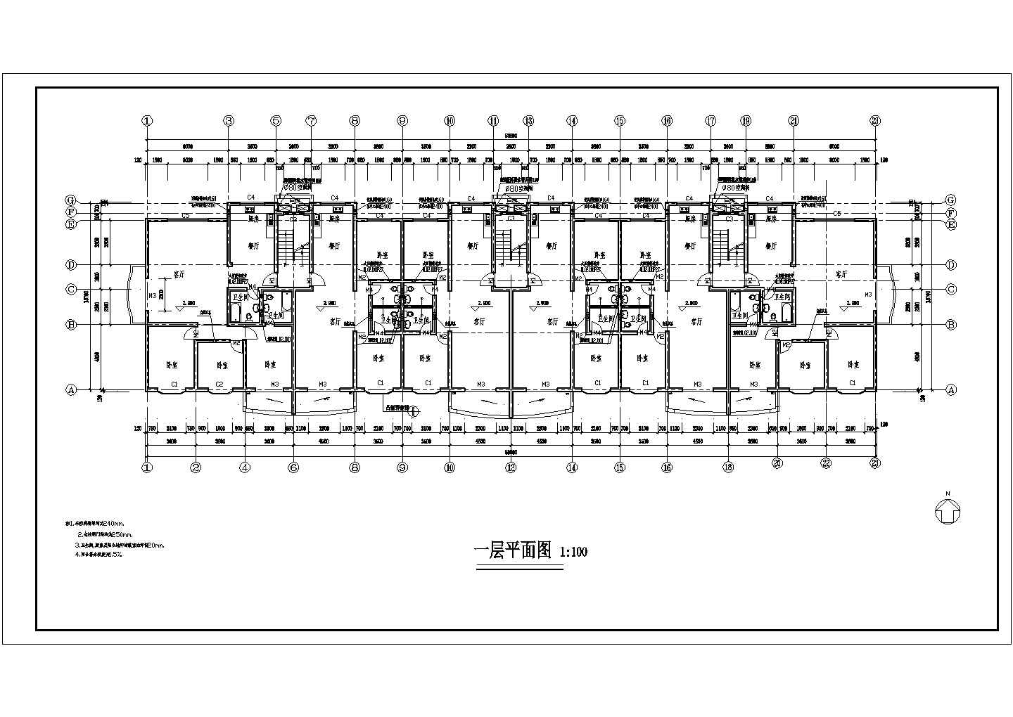 6800平米6层砖混结构住宅楼建筑设计CAD图纸（含阁楼和半地下室）