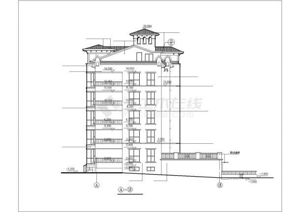 4100平米6+1层框架结构住宅楼建筑设计CAD图纸（含阁楼和车库）-图一