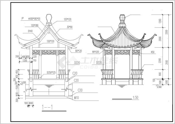 六角亭建筑设计CAD全套图纸-图一