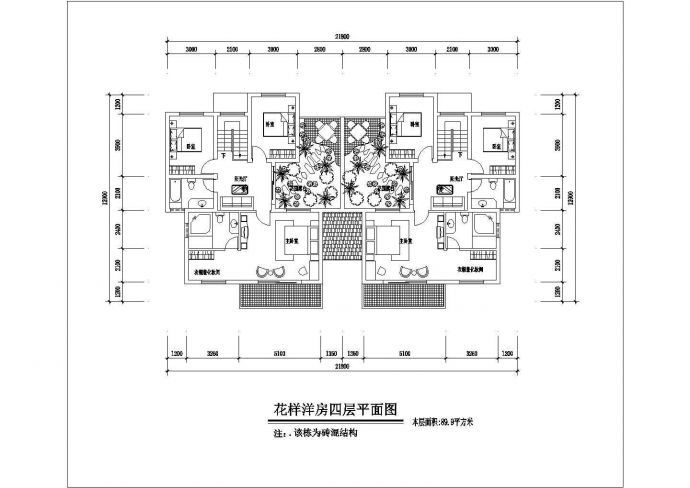 1000平米4层砖混结构两户组合式住宅楼平面设计CAD图纸_图1