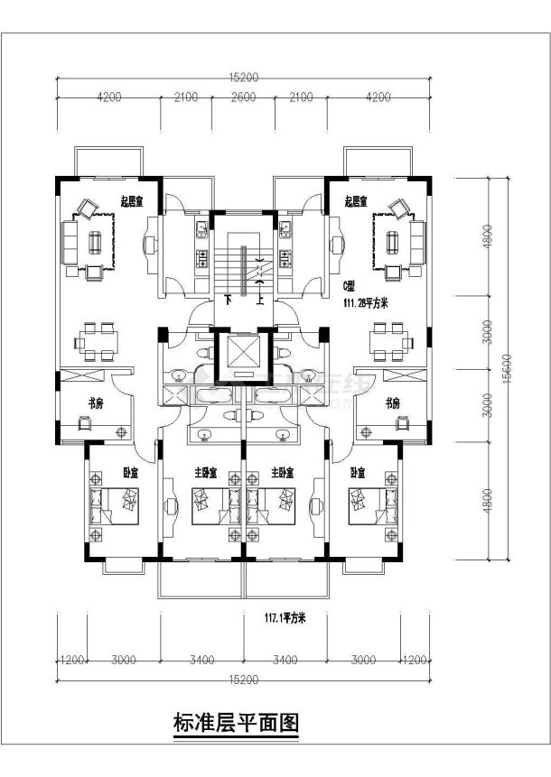 重庆市某新建小区四栋住宅楼标准层平面设计CAD图纸（含户型图）-图一