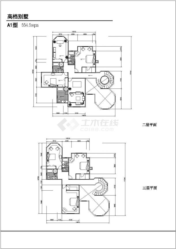 四个中高档别墅方案CAD建筑平立剖图-图一