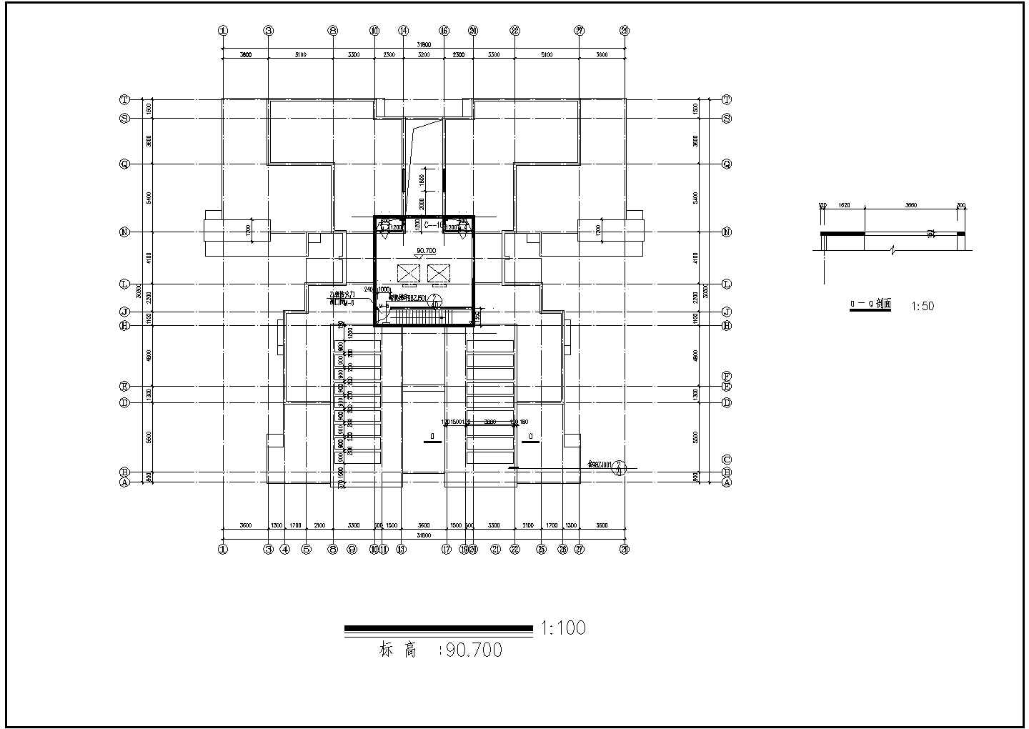 长约31.8米 宽30.3米 28层1楼梯2电梯4户点式框架结构CAD住宅楼设计图
