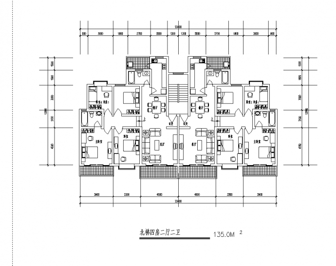 2套小区户型对称3室2厅2卫2阳台设计施工cad图纸_图1