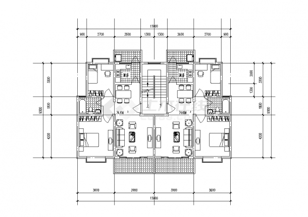 2套多层单身公寓户型对称设计施工cad图纸-图一