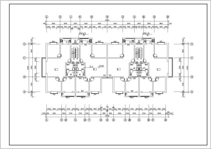 2800平米左右6层砖混结构住宅楼平立剖面设计CAD图纸（1层4户）_图1
