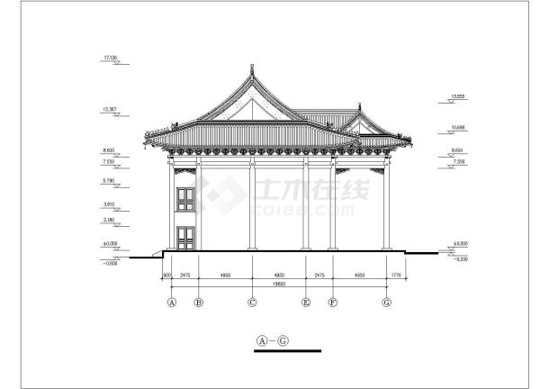 洗心禅寺天王殿建筑cad施工设计图-图二