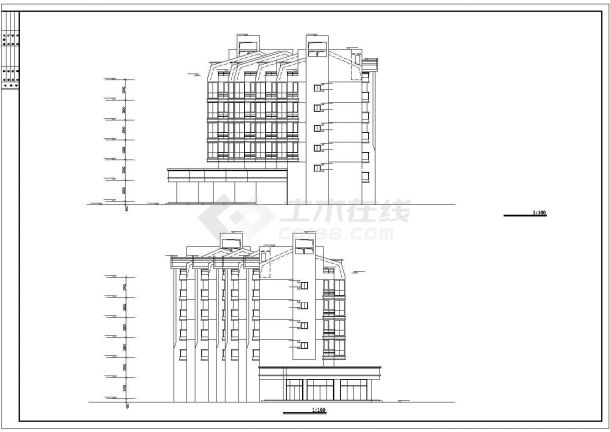临街7900平米两栋7层框架结构商住楼平立剖面设计CAD图纸（底层商铺）-图一