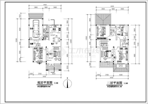 无锡某别墅区274平米独院式3层砖混结构别墅住宅楼建筑设计CAD图纸-图二