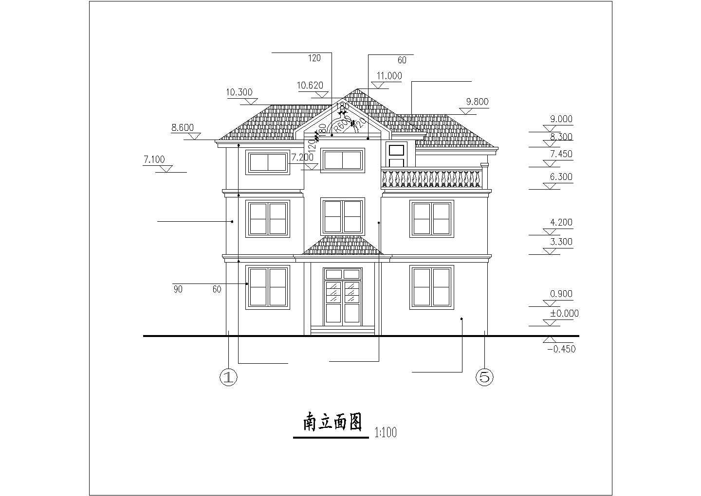 成都市某村镇3层砖混结构乡村住宅楼平立剖面设计CAD图纸