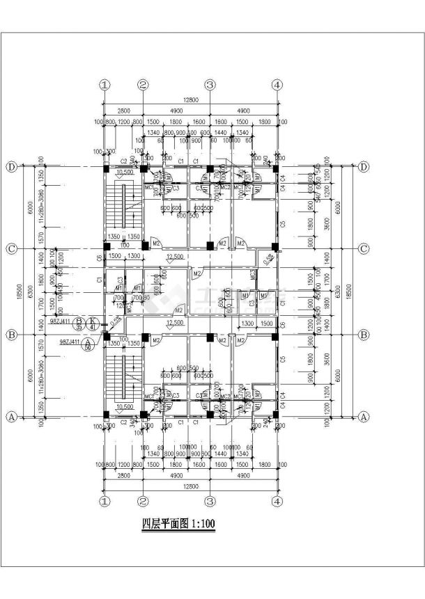 某中型4层砖混结构商住楼平面设计cad图纸(1