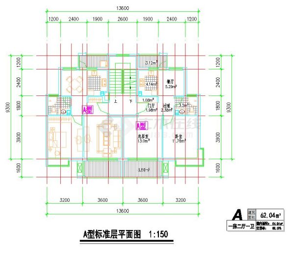 4个60-80㎡一梯二户住宅建筑户型平面图-图一