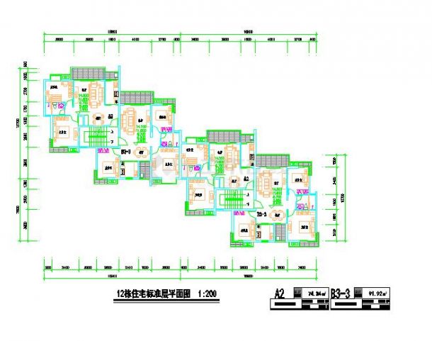 4个60-80㎡一梯二户住宅建筑户型平面图-图二
