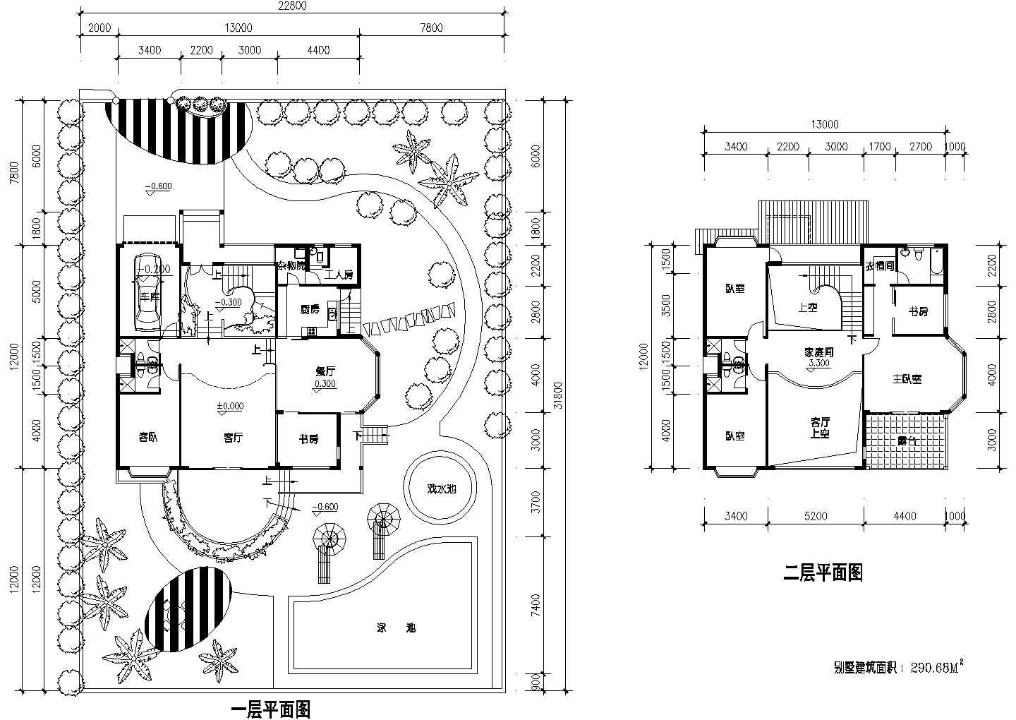 31.8x22.8m二层290.68平米别墅设计CAD平面图