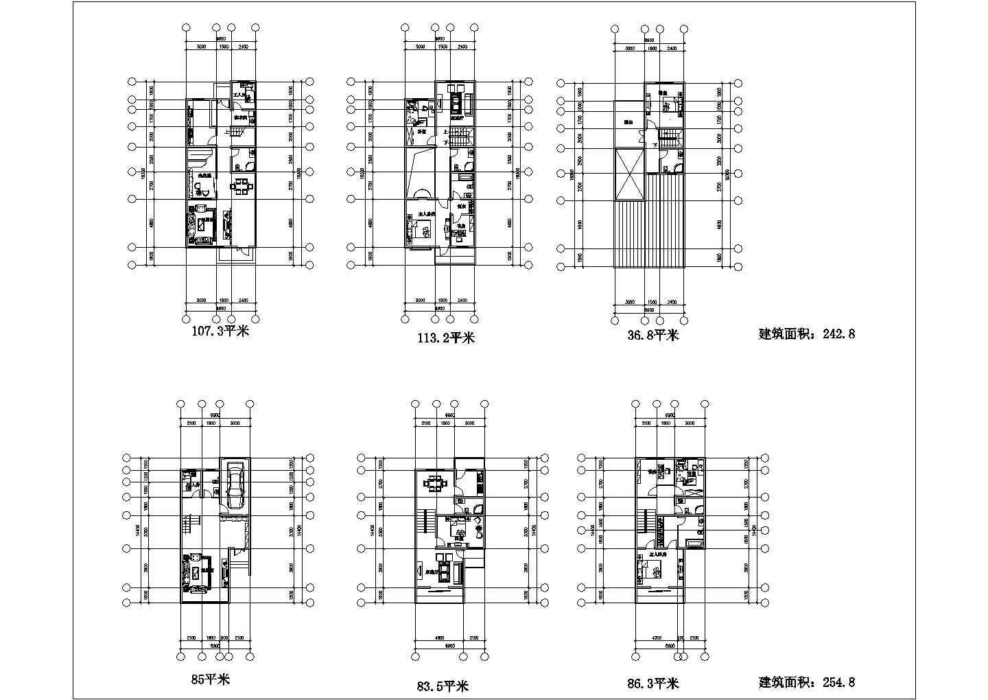 18.3x6.9m三层242.8平米 14.4x6.9m三层254.8平米别墅CAD平面图