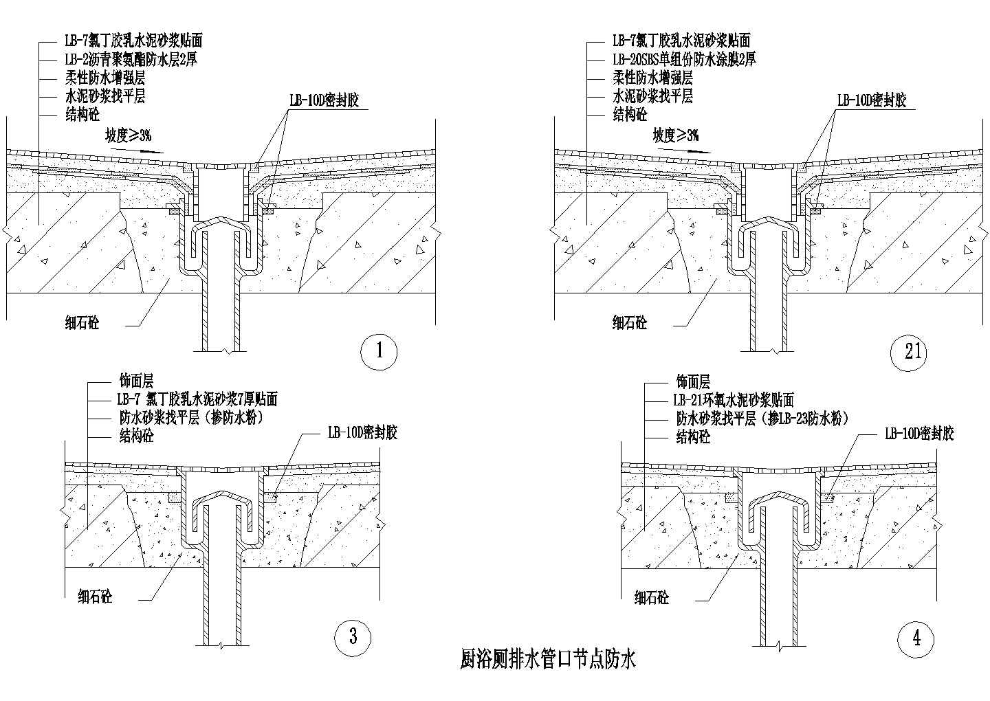 厨浴厕排水管口节点防水CAD施工图设计