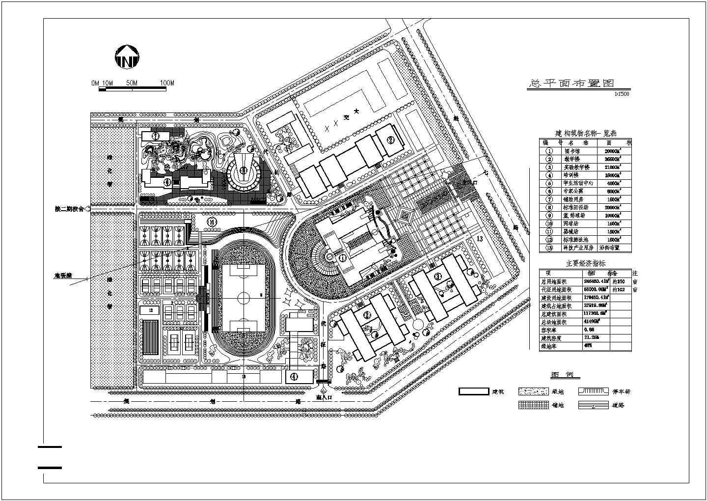 总用地面积246460.4平方米（约370亩）大学校规划总平面布置图1张 含建筑物名称一览表 主要经济指标cad施工图设计