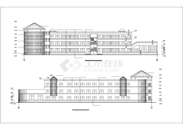 某艺术幼儿园3200平米左右3层框架结构教学楼平立剖面设计CAD图纸-图一