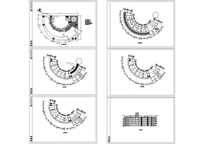 3644平米弧型幼儿园教学楼建筑设计施工cad图纸，共六张_图1