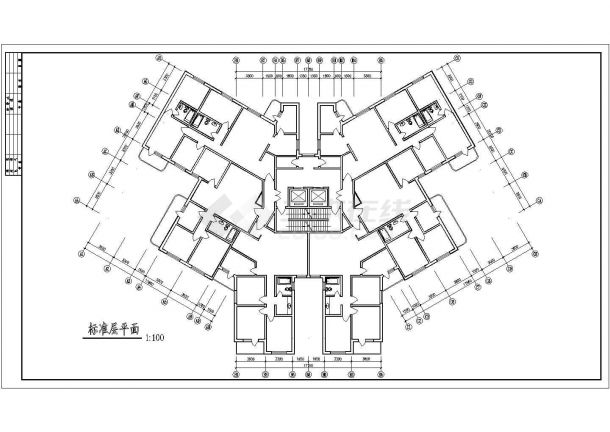 抚顺市锦华家园小区住宅楼标准层平面设计CAD设计图（1梯6户）-图一