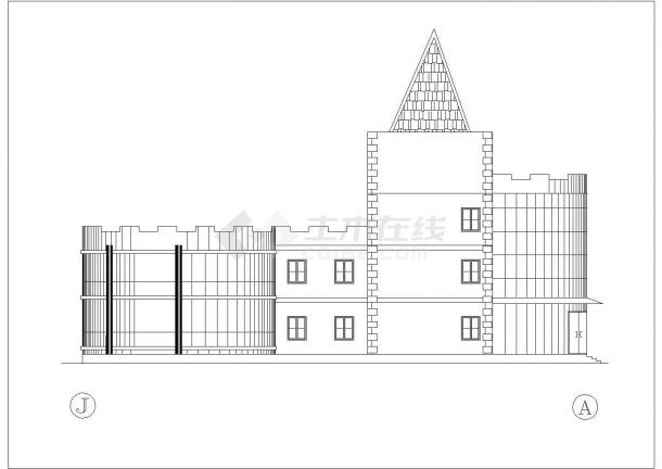 南京某度假村1900平米3层框架结构综合楼平立剖面设计CAD图纸-图二