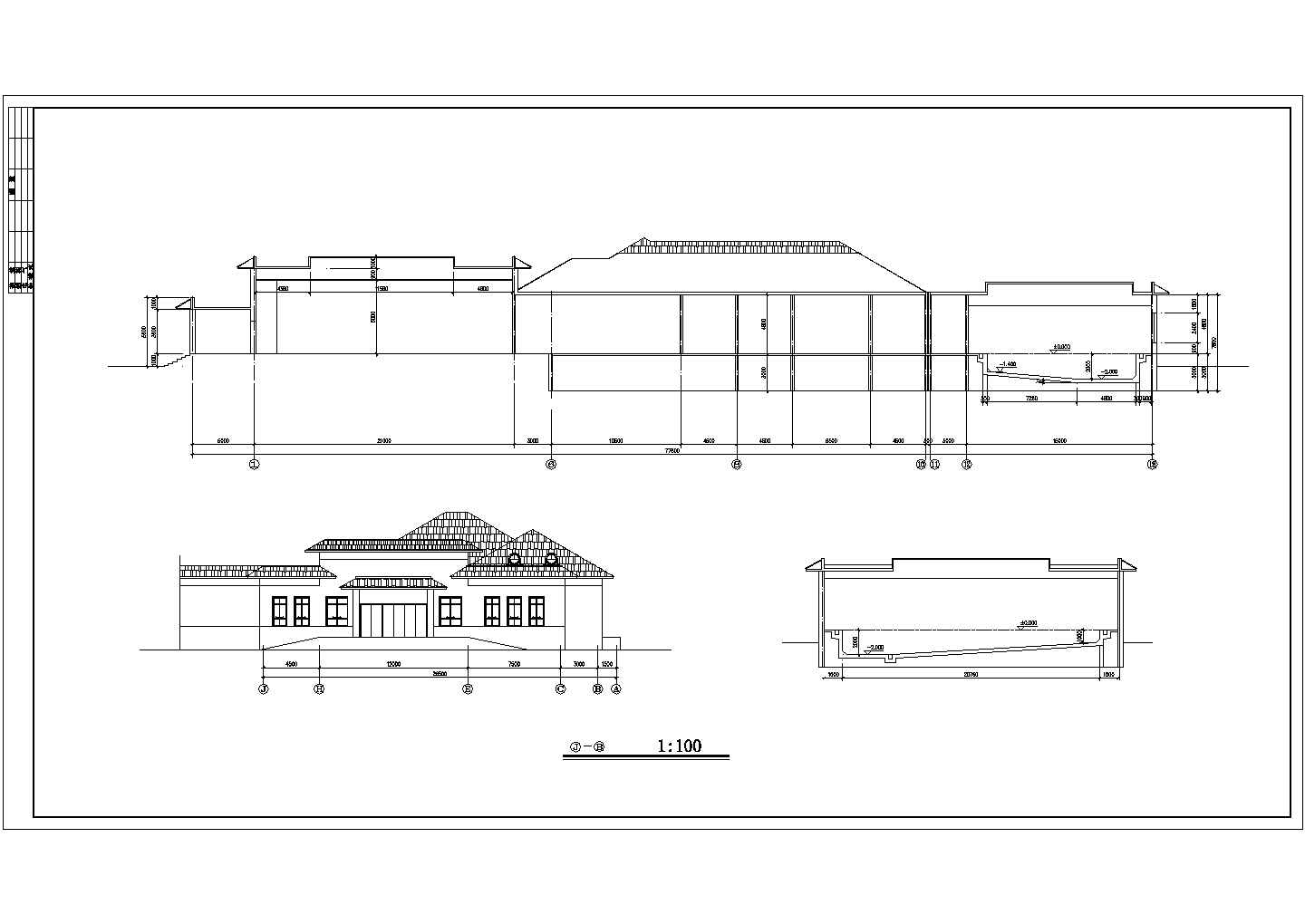 2740平米单层砖混结构民宿酒店平立剖面设计CAD图纸（含地下室）