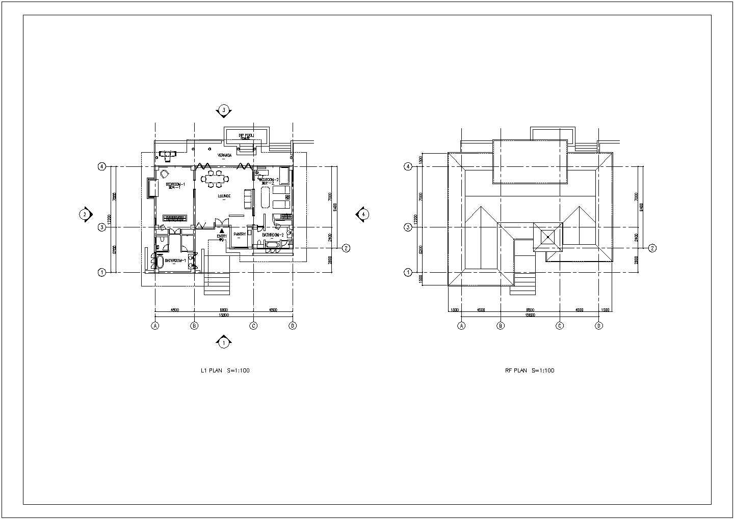 单层乡村别墅建筑cad设计图