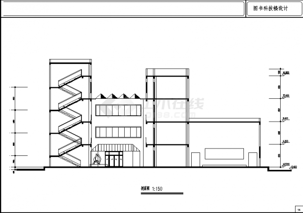 某市二套中学图书科技楼建筑设计施工cad图纸（含说明）-图二
