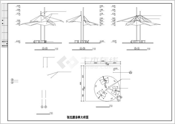 长6米 宽6米 张拉膜结构凉亭平面结构及立面-图一