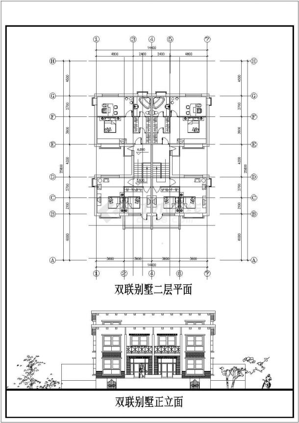 某城市私人双联别墅建筑全套方案设计施工CAD图纸-图二