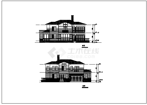 二层砖混结构庭院式农村现代风格别墅建筑设计cad图，共四张-图二