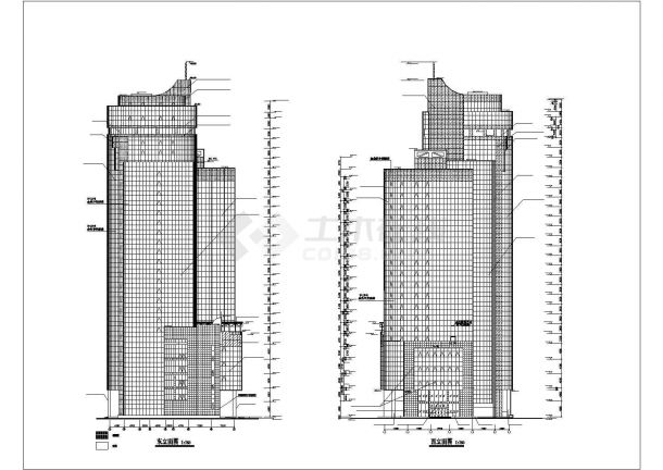 上海某商业街28层框架结构商业办公楼立剖面设计CAD图纸-图二